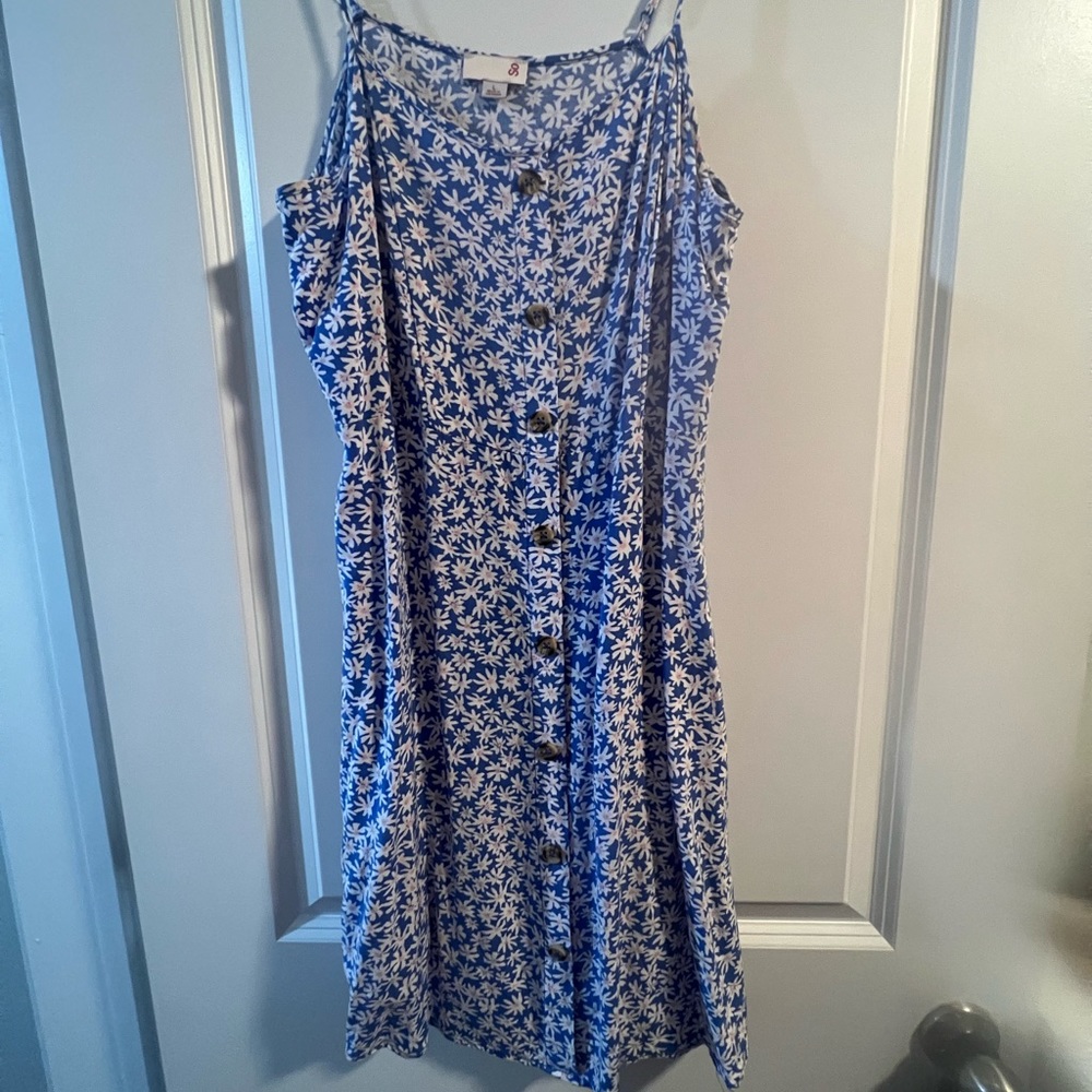 SO women's Summer Dress large blue and White Daisy Daisies Floral stretch
